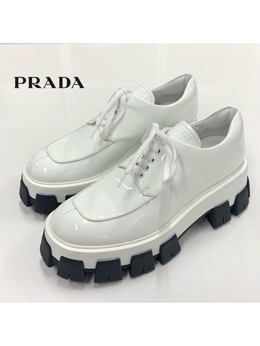 Prada Patent Platform Lace Up Shoes White